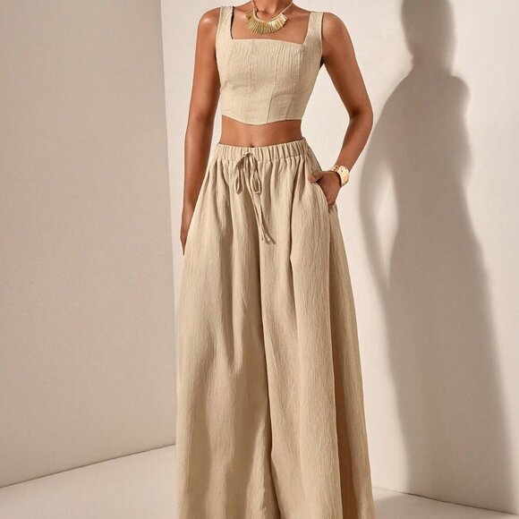 Khaki womens crop top & flowy wide legged pants textured fabric coord set - Picture 1 of 8